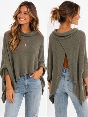 FREE PEOPLE BEACH Poncho Sweater Womens Medium Olive Green Ribbed Boho Lounge